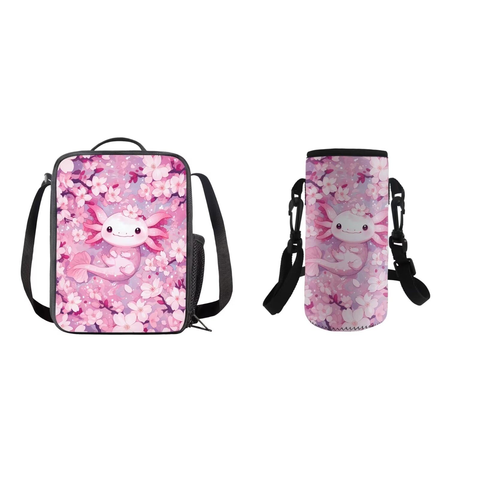 COEQINE Pink Cute Animal Lunch Box Water Bottle Kids Girls Middle High School Preschool Elementary Adjustable Strap Water Bottle Axolotl School Bag and Lunch Box Water Bottle Pink Cherry Blossom