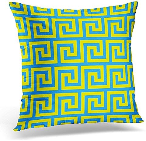 Throw Pillow Cover Key Geometric Line Abstract with Greek Antique Ceramic Floor Blue Yellow Color Antiquity Chain Decorative Pillow Case Home Decor Square 20x20 Inches Pillowcase
