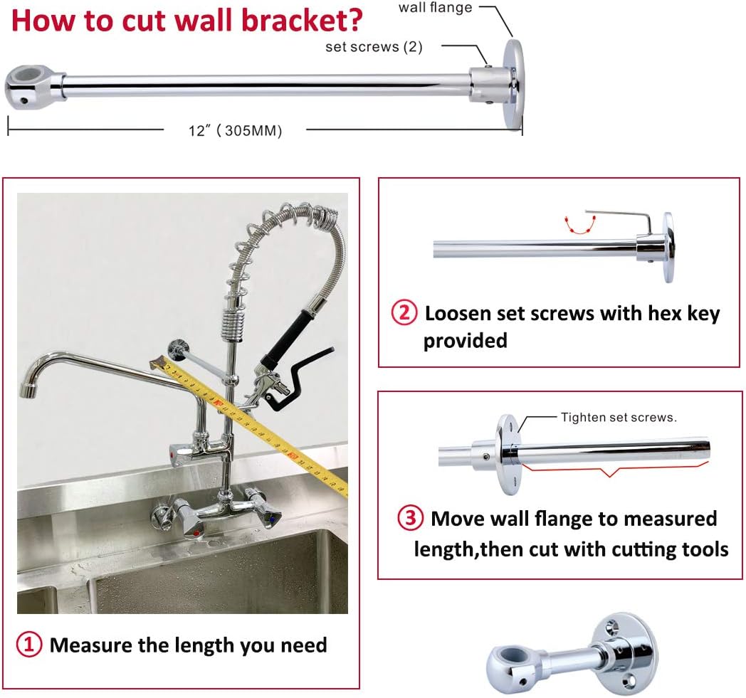 MaxSen 4-8 Inch Adjustable Center Wall Mount 25" Height Commercial Kitchen Sink Faucet Brass Mini Pre Rinse Unit With Pull Down Spray And 8 Inch Add on Spout (M6813-1P) - - 