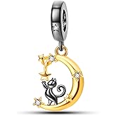 NUJIFFY 925 Sterling Silver Charms Beads for Bracelets & Necklaces, Black Cat Shaped Cute Crescent Moon Charm Birthday Gifts Pendant Jewelry for Women Men