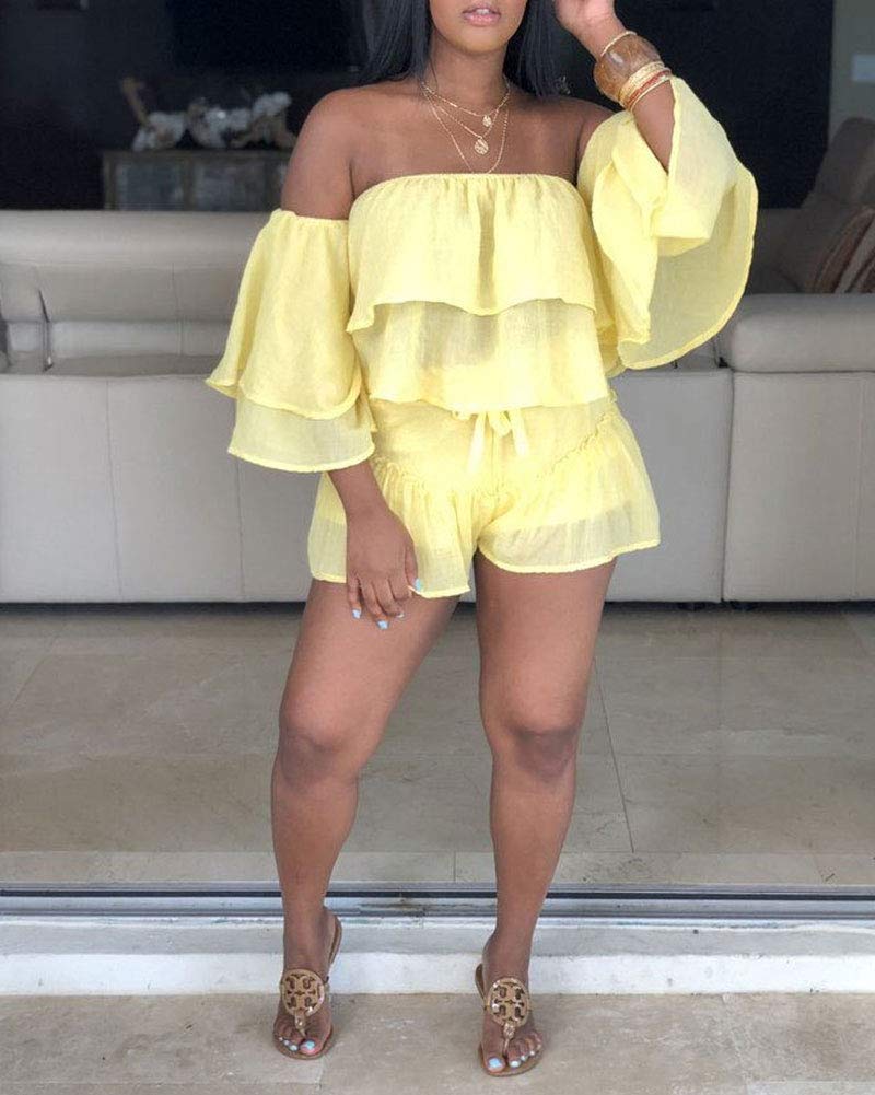 Womens 2 Piece Outfits - Cute Off Shoulder Ruffle Tops + Shorts Suit Sets Yellow