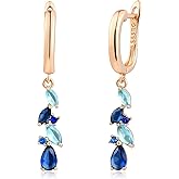 Blue Earrings for Women Sapphire and Aquamarine Shaped Leaf Long Dangle Hoop Earrings Crystal Bitrthstone Blue Topaz Jewelry