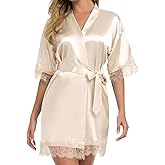 Women's Lace Trim Kimono Robe Bride Bridesmaids Wedding Shower Satin Short Robe Bridal Party Nightgown