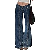 Low Rise Flare Jeans for Women Y2k Vintage 90s Bell Bottom Denim Pants Seam Front Baggy Jean Trousers with Pockets