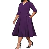 Runwind Plus Size Dresses, Women Casual Midi A-Line Swing Fit and Flare 3/4 Sleeve Wedding Guest Cocktail Church Dress