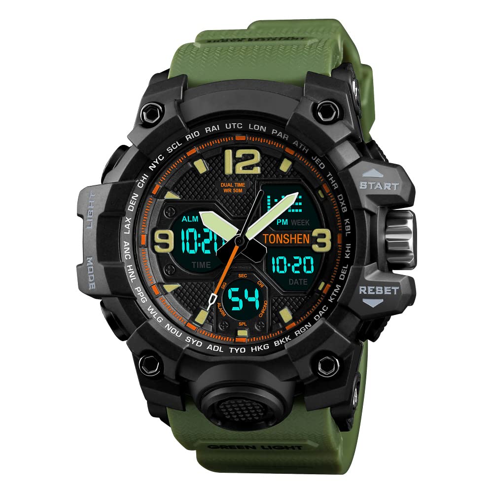 TONSHEN Digital Watch for Men 50M Waterproof Analog Quartz LED Electronic Double Time Outdoor Military Multifunction Sport Watches Plastic Case with Rubber Band (Green)