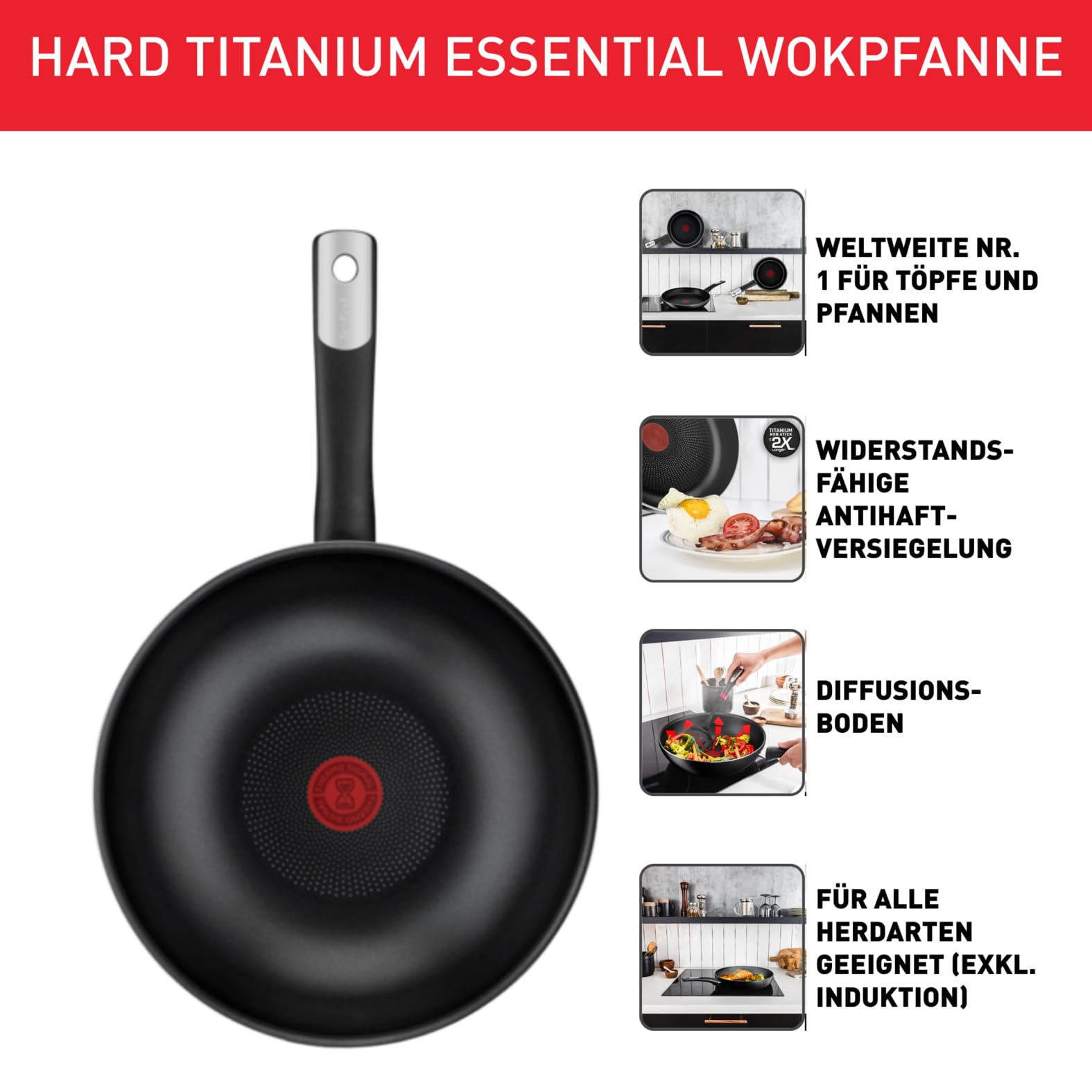 Tefal C38819 Hard Titanium Essential Wokpfanne 28 cm, Antihaftversiegelung mit Titanpartikeln, Thermo-Signal Temperaturanzeiger, spülmaschinengeeignet, Made in France, Schwarz 2