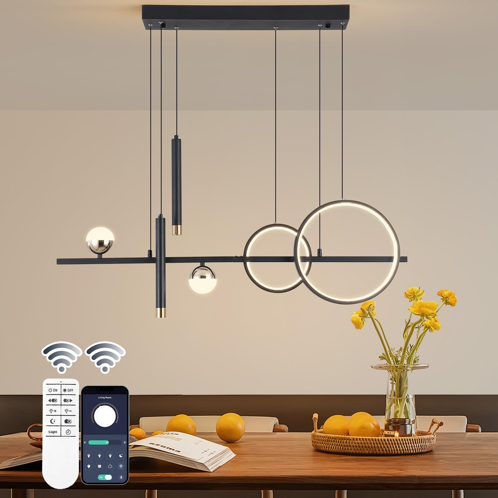 Photo 1 of ORANOOR LED Modern Chandeliers for Dining Room, Dimmable Black Gold Chandelier Kitchen Pendant Lighting Over Island, Linear Ring Globe Pendant Light Fixtures Dining Room Lights Ceiling Hanging