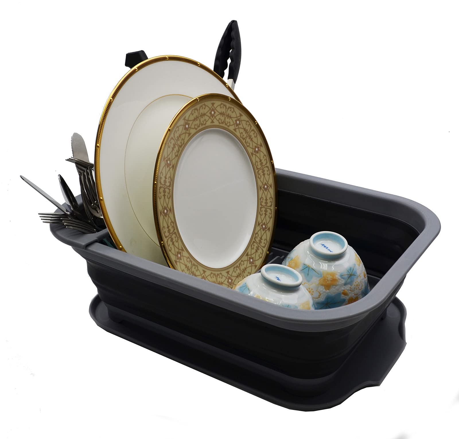 SAMMART Collapsible Plastic Dish Drainer with Drainer Board - Foldable Drying Rack Set - Portable Dinnerware Organizer - Space Saving Kitchen Storage Tray (1, Grey/Black)