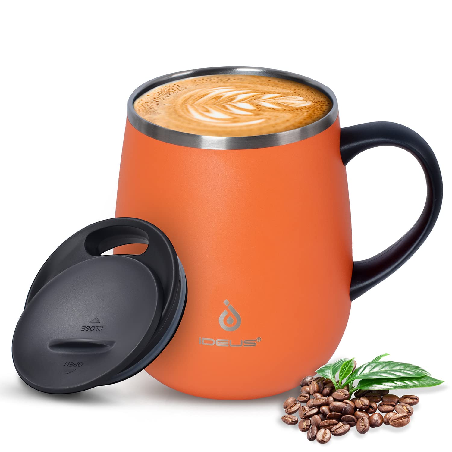 Ideus Coffee Mug 470ml (16oz), Double Wall Vacuum Insulated Stainless Steel Coffee & Tea Cup w/Non-Slip Handle & Slider Module Lid & Large Volume (Orange) — image 1