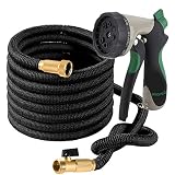 Ovareo Garden Hose 50 Feet + Heavy Duty Spray Nozzle with 8 Functions Flexible and Expandable Water Hose with Triple Latex Core 3/4 Solid Brass Fittings Strong Material to Insure No Leak Kink Free
