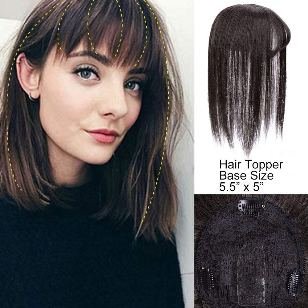 GongXiu Clip in Hair Topper for Women 10 Inch Straight Human Hair Crown Topper with Bangs Hair Topper Clip in with Scalp for Women with 3 Clips(Natural Black)