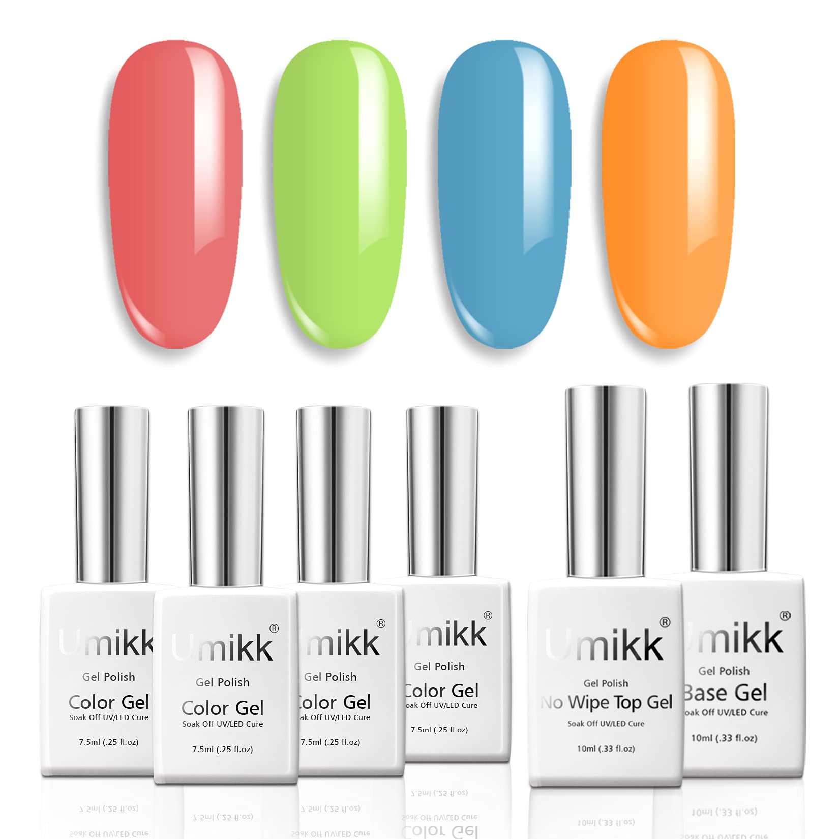Umikk Gel Nail Polish Set Living Coral Green Blue Orange 7.5 ml with Base Coat Top Coat 10 ml Soak Off UV LED Cured Home Manicure Gel Polish