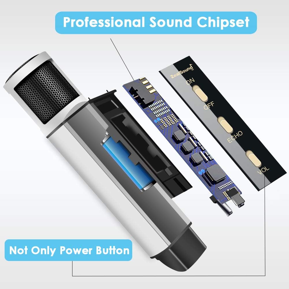 Studio Microphone, ZealSound Condenser Studio Microphone with Built-in Sound Card and Echo Effect, Vocal Recording Computer Microphone w/Tripod Stand for YouTube PC Laptop Tablet and Phone-Silver: Musical Instruments