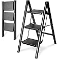 Double Elite Step Ladder 3 Step Folding, Sturdy 330 Lbs Small Step Stool for Adults, Safer Full Steel Multi-use Kitchen Ladder for Home, Closet Step Stool Ladder with Anti-Slip Wide Pedals, Black
