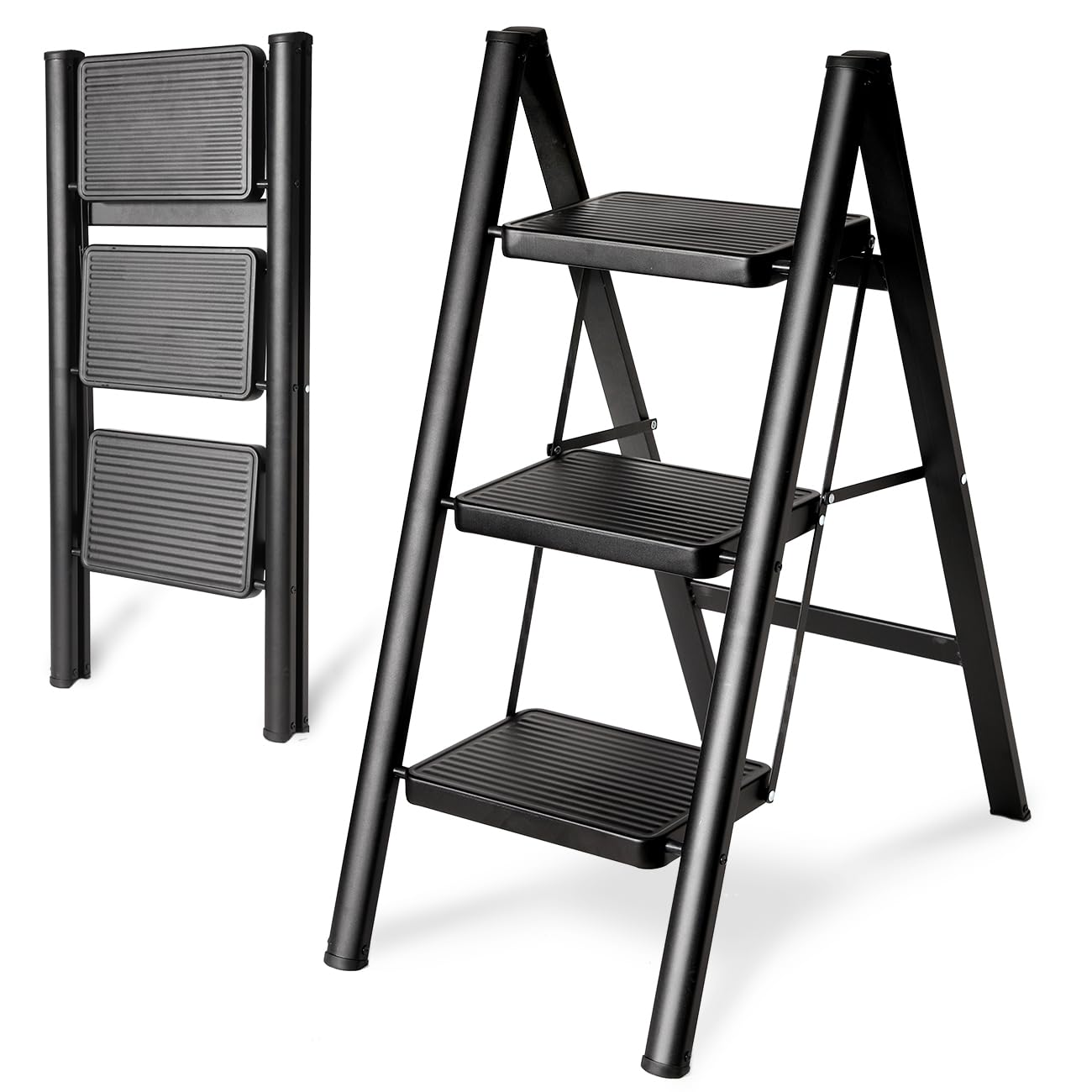 Double Elite Step Ladder 3 Step Folding, Sturdy 330 Lbs Load Small Step Stool for Adults, Safer Full Steel Multi-use Kitchen Ladder for Home, Closet Step Stool Ladder with Wide Pedals, Black, 3-Step Image