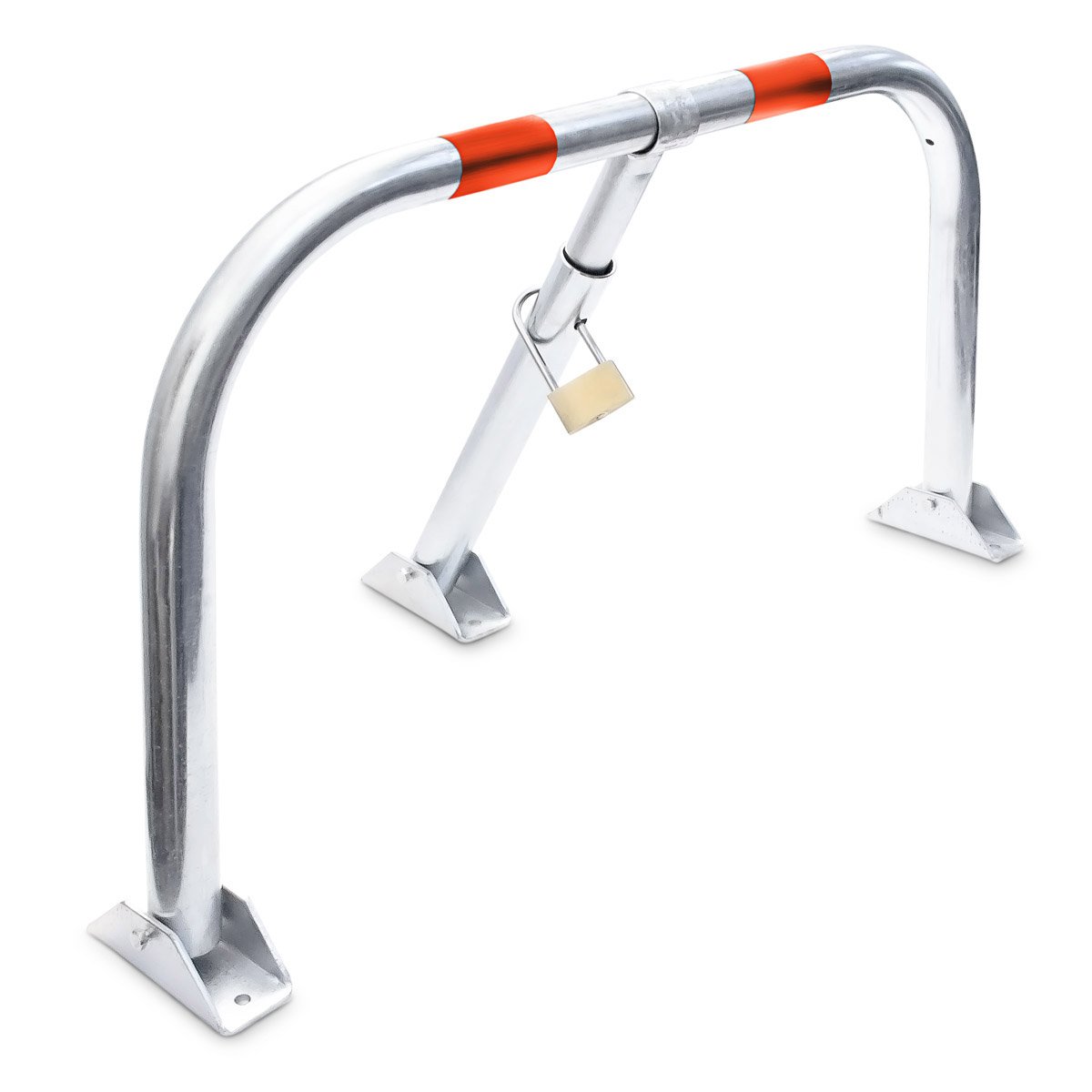 Relaxdays 10017409 Folding Parking Barrier, With 3 Keys, 76 x 32 x 45 cm, with Red Warning Stripes, Silver