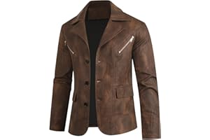 HOOD CREW Mens Casual Leather Blazer Vintage Lightweight Coat Button Closure Style Faux Leather Jackets for Men