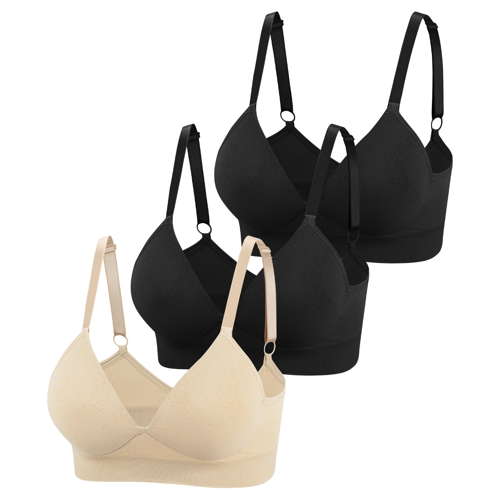 Photo 1 of (LARGE) Eleplus 3 Pieces Deep V Wireless Bras for Women Seamless Comfy Bralettes Lightly Lined Multicolors Pack (Large, Black+Black+Beige)