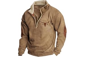Vodetik Mens Western Aztec Cowboy Sweatshirt Zipper V-Neck Vintage Enthic Print Long Sleeve Fall Clothes Thicker Pullover Top
