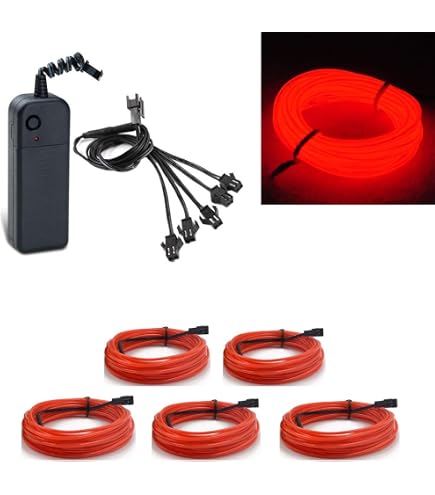 MaxLax EL Wire Green 5-Pack - 9ft Neon Light Wire With Battery Pack, Noise Reduced, For Costumes & Decor