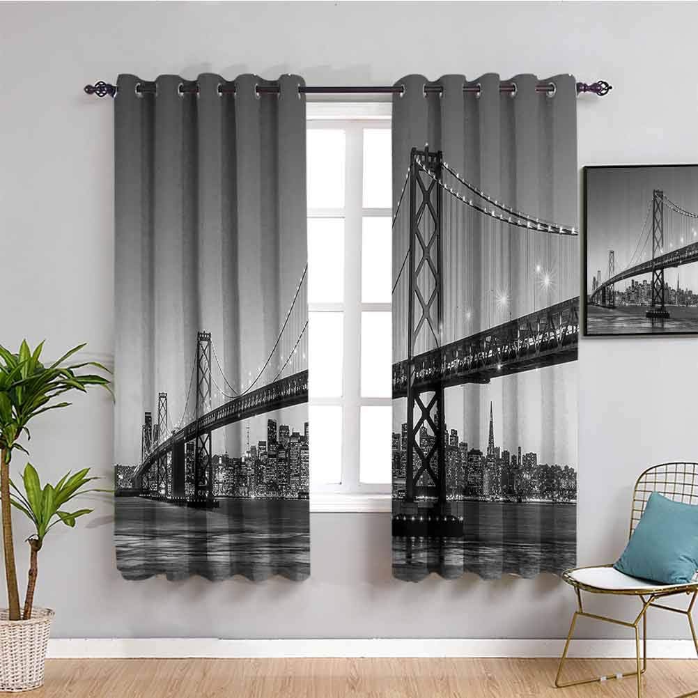 Apartment Decor Collection Black Out Window Curtain Sun Setting View of San Francisco Bay Bridge California USA Tourist Attraction Image Maintain Good Sleep W72 x L84 Inch Gray