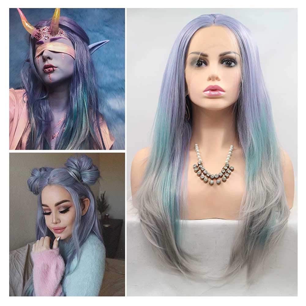 Xiweiya Wig Synthetic Long Lace Front Wigs For Women Hair Heat Resistant Fiber Long Wigs (Grey/Purple)