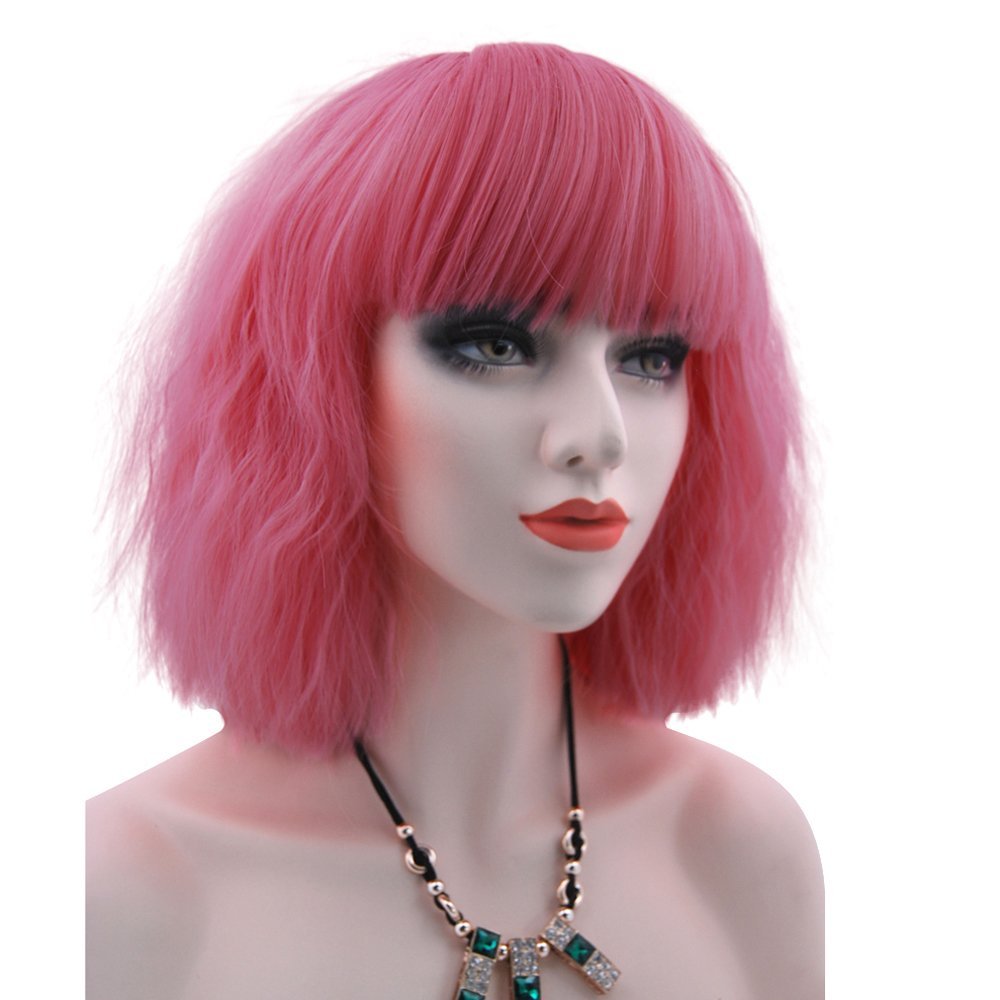 eNilecor Women Short Bob Fluffy Hair Full Wigs with Bangs Heat Resistant Kinky Straight Custom Cosplay Party Wigs (Pink)