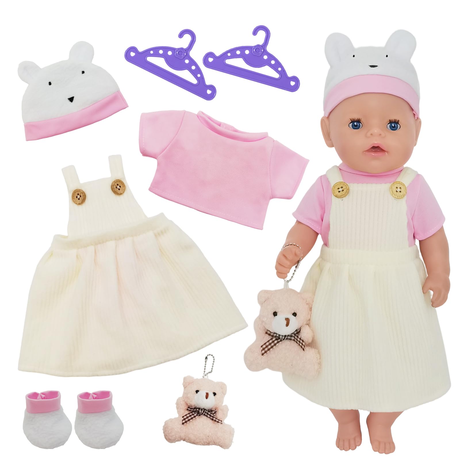 Baby Doll Clothes for 14-18 Inch Baby Doll, New Doll Clothes Outfits 30-43cm Accessories with 1 Top 1 Pinafore Dress 1 Hat 1 Sock 1 Bear 2 Clothes Hangers New Born Baby Dolls for Girls Birthday Gifts