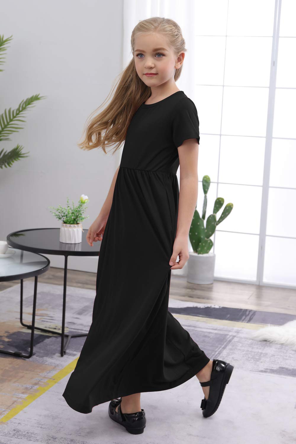 GORLYA Girl's Short Sleeve Floral Print Loose Casual Long Maxi Dress with Pockets 4-12 Years