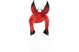 Short Red Black Anime Cosplay Wig + Devil Ear Hairclips + Hair Net Hotel Costume Wigs Synthetic Hair for Halloween Costumes U
