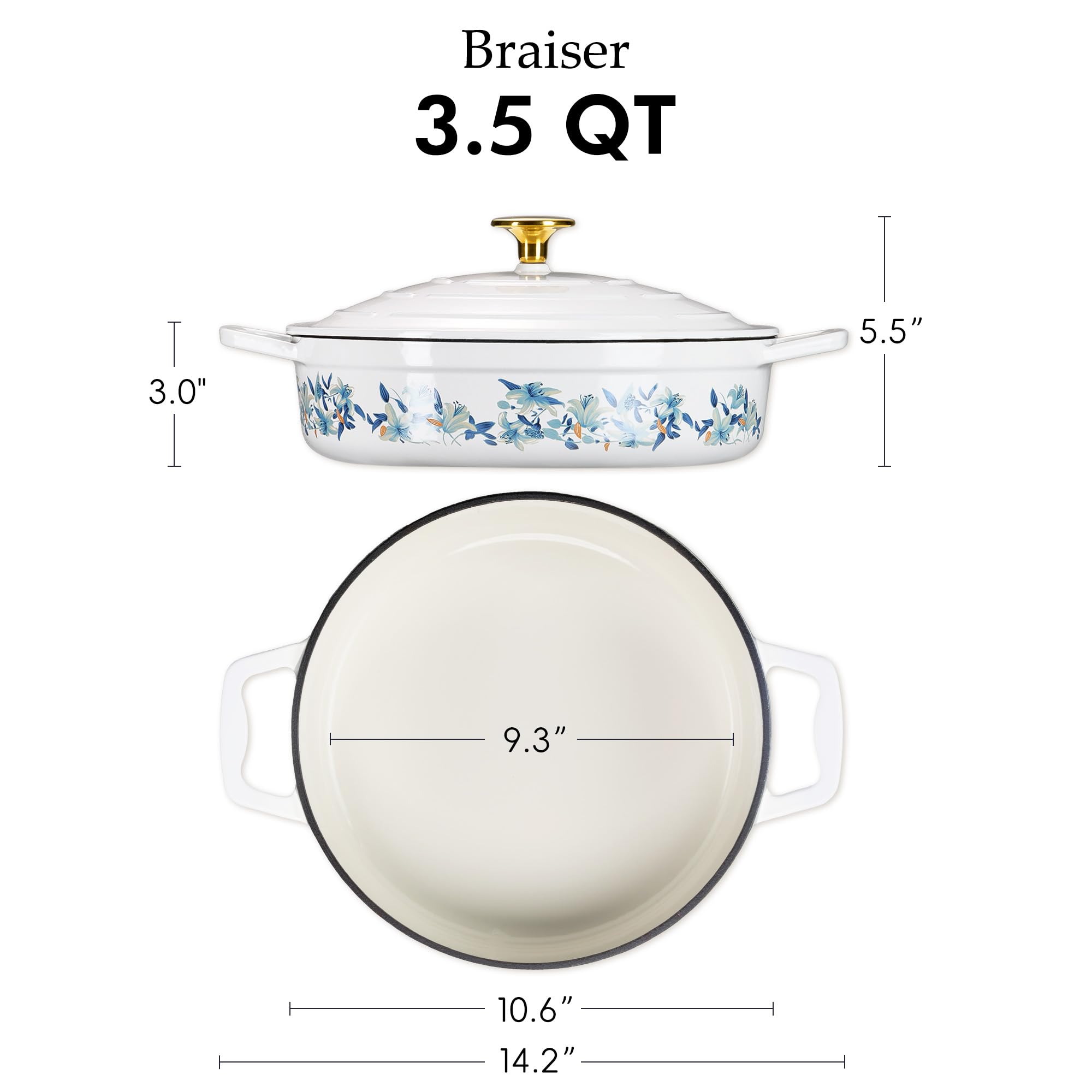 Condition photo showing New/Like New for carote 3.5qt enameled cast iron braiser pan, shallow floral dutch oven casserole skillets, non-toxic cast iron pot with lid for baking, dual handles, all stovetop compatible, white & blue