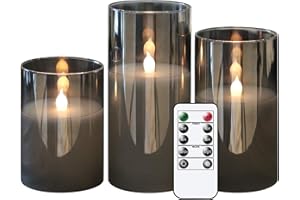 GenSwin Gray Glass Battery Operated Flameless Led Candles with 10-Key Remote and Timer, Real Wax Candles Warm White Flickering Light for Home Decoration(Set of 3)
