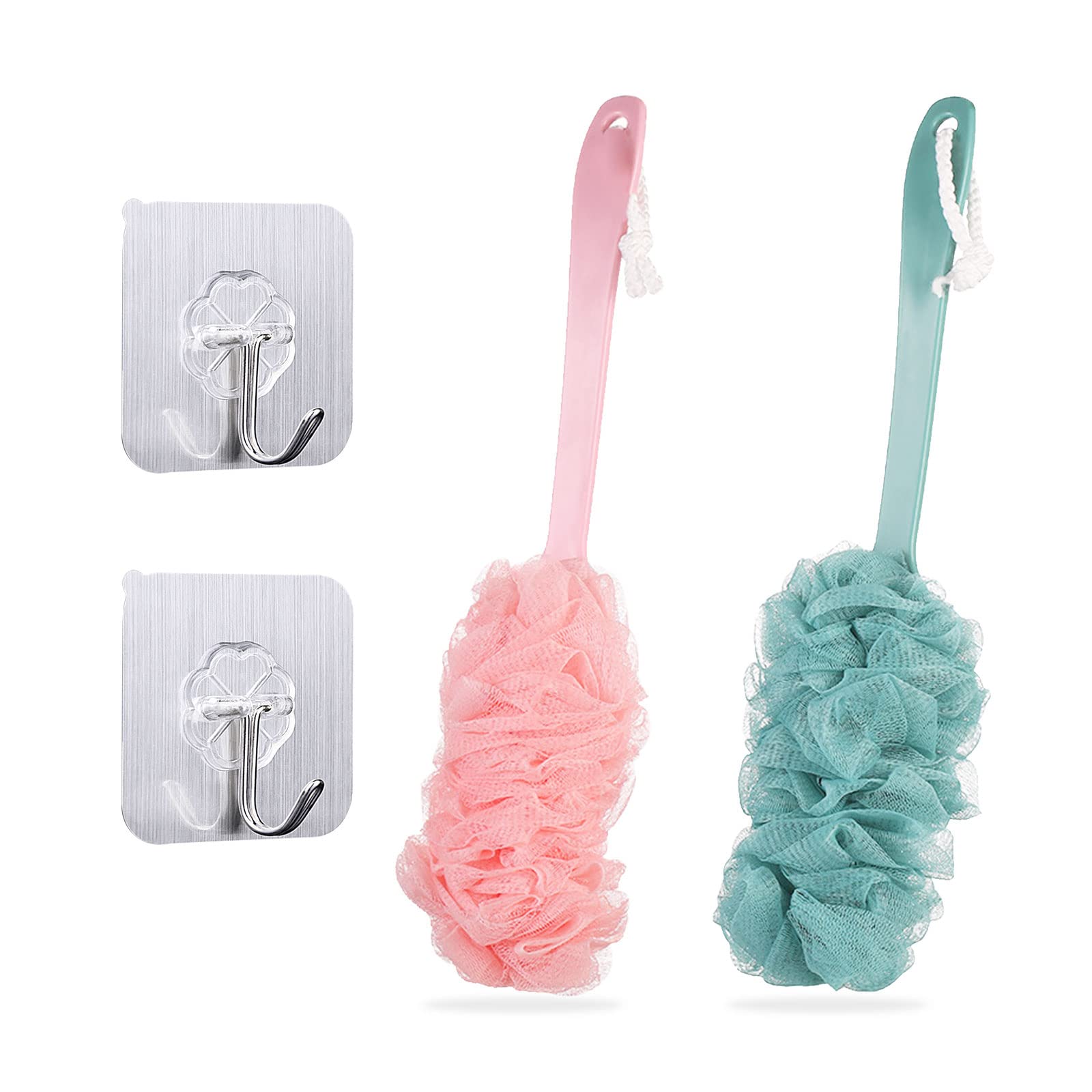 TSHAOUN 2 Pieces Long Handle Bath Brush, Shower Body Brushes with Bath Net Sponge Soft Mesh, Back Brush Scrubber Shower Loofah for Men and Women Exfoliating and Removing Dead Skin (Blue and Pink)