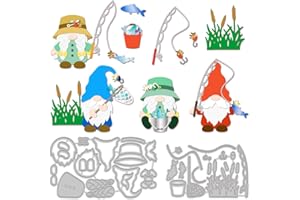 MAYJOYDIY Fishing Gnome Cutting Dies Gnome Metal Die Cuts Carbon Steel Summer Fishing Embossing Template for Card Making Scrapbooking Envelope DIY Paper Craft Supplies Album Decor
