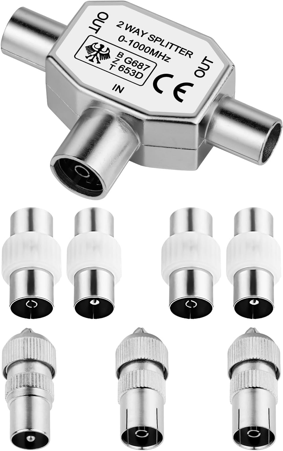AXFEE 2-Way TV Aerial Splitter 1 Female to 2 Male Coax Shielded Zinc Alloy