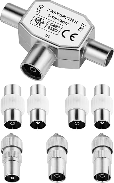AXFEE 2-Way TV Aerial Splitter 1 Female to 2 Male Coax Shielded Zinc Alloy