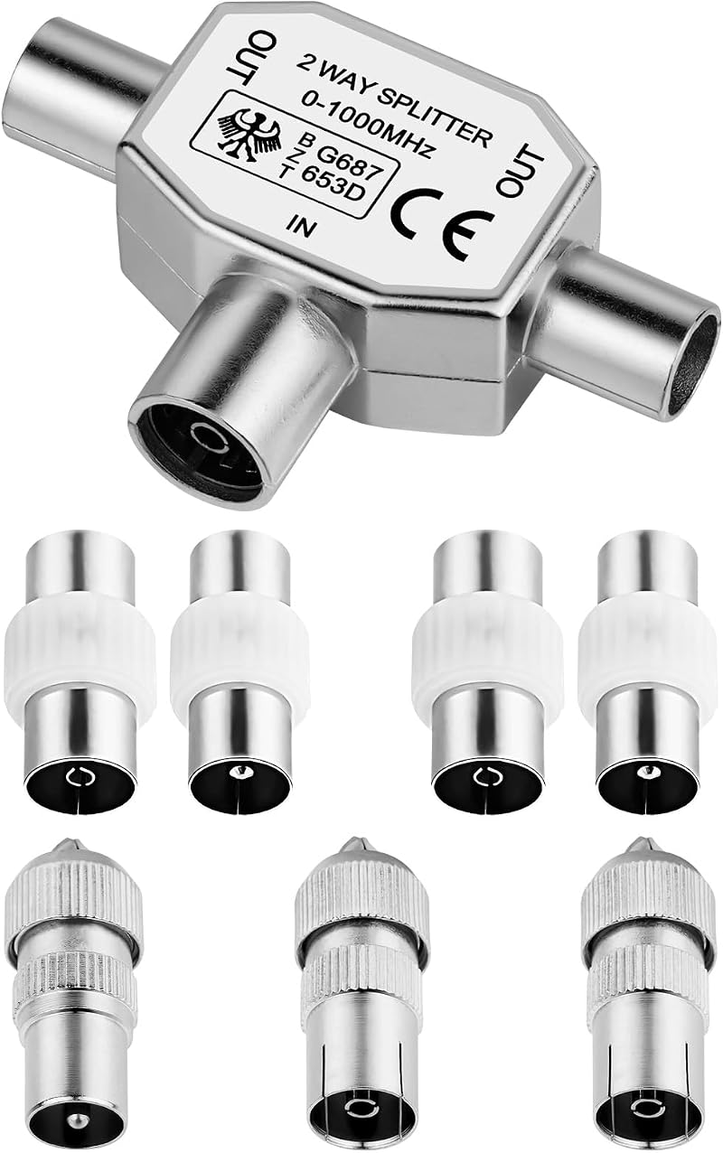 AXFEE 2-Way TV Aerial Splitter 1 Female to 2 Male Coax Shielded Zinc Alloy
