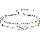 KoyeKei Infinity Heart Anklet for Women August Birthstone Layered Ankle Bracelet 925 Sterling Silver Light Green Peridot Summer Beach Jewelry Anniversary Birthday Gifts for Wife