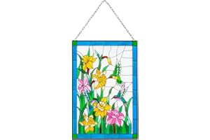 Viveta Hummingbird Stained Glass Window Hanging, Birds and Flowers Suncatcher for Window, Hummingbird Window Panel Hanging Ornament(Rectangular 10 * 15")