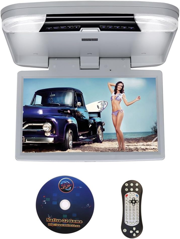 DDAUTO DD1556G 15.6 inch Flip Down Monitor DVD Player 1080P HD Screen Car Roof Mount Overhead DVD Player, HDMI, USB, Games, Door LED, IR Transmitter, Gray