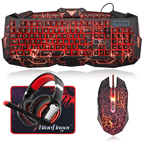 BlueFinger Gaming Keyboard Mouse Headset Combo,USB Wired Crack Backlit Keyboard,114 Keys Letters Glow LED Keyboard,Red LED Light Headset for Laptop PC Computer Game Work