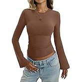 EasyGala Women Cotton Bell Long Sleeve Shirts Round Neck Fitted Shirt Trendy Going Out Tops Basic Plain Crew Neck Tops Y2K Fall Clothes 2025 Brwon S