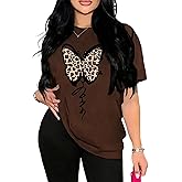 WDIRARA Women's Leopard Butterfly Graphic Print Crew Neck T-Shirts Casual Short Sleeve Tees Tops