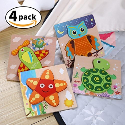 3D Wooden Jigsaw Puzzle Set for Girls Boys,Wooden Jigsaw Puzzle for 2-5 Years,4 Piece (Tortoise,Plane,Woodpecker,Starfish)