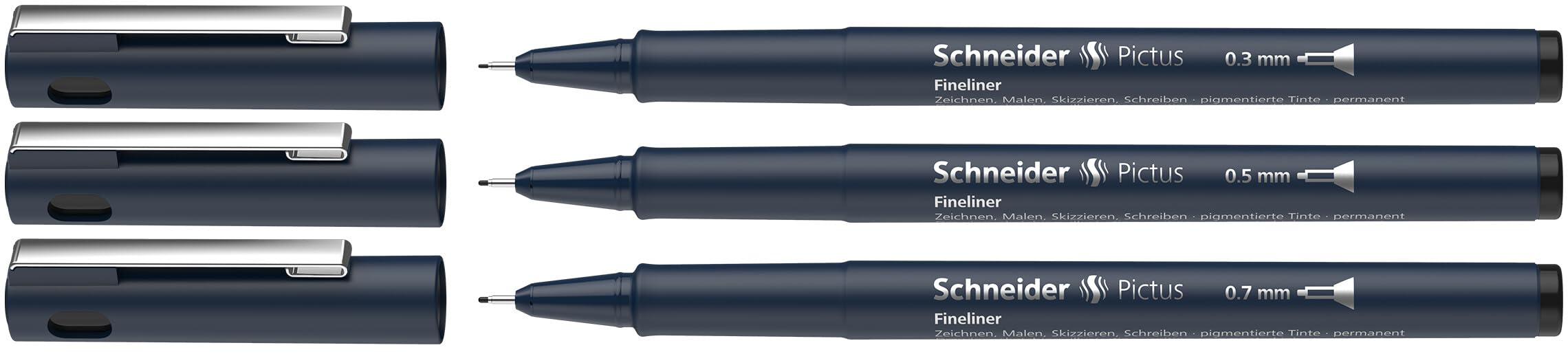 Schneider Pictus Fineliner Pens 0.3 mm, 0.5 mm and 0.7 mm Lines Black Pack of 3