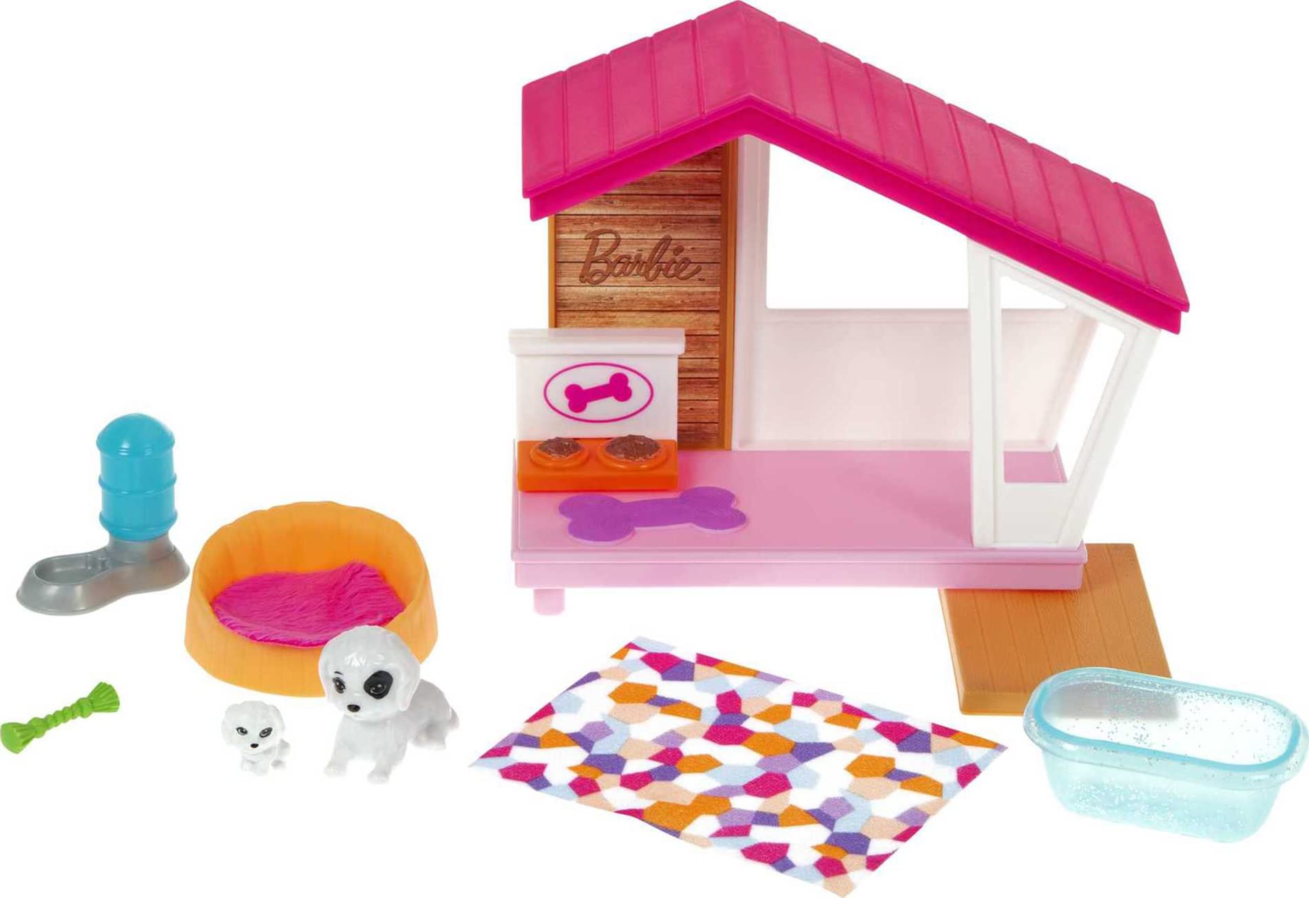 Barbie Dog Kennel Playset with Dogs and Accessories - Includes 2 Dog Figures, Kennel, Bed, Blanket, Bath, Water Bowl, and Chew Toy