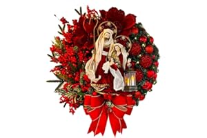 Ochine Lighted Nativity Scene Christmas Wreath Ornament Decoration Holy Family Set Led Lights Candle Front Door Wall Hanging Sign Sacred Xmas Decor for Decorations
