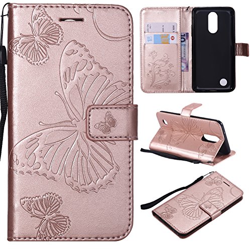 ARSUE LG K20 Case, LG K20 Plus Wallet Case,Leather Folio Flip PU Phone Protective Case Cover with Card Holder & Kickstand for LG K20/LG K20 Plus/LG K20 V/LV5/K10 2017/LG Harmony,Butterfly Rose Gold