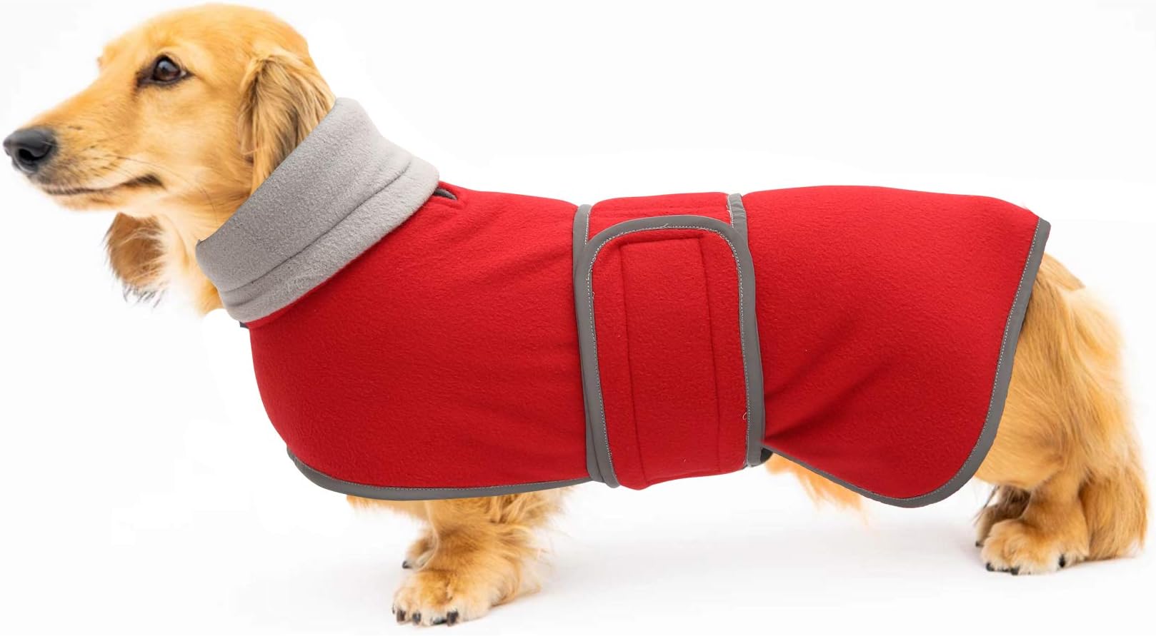Dachshund Coats Sausage Dog Fleece Coat in Winter Miniature Dachshund Clothes with Hook and Loop Closure and high vis Reflective Trim Safety - Red - M